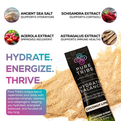 Pour PURE TRIBE Hydrate + Balance into 16 oz water for a refreshing coconut lime drink