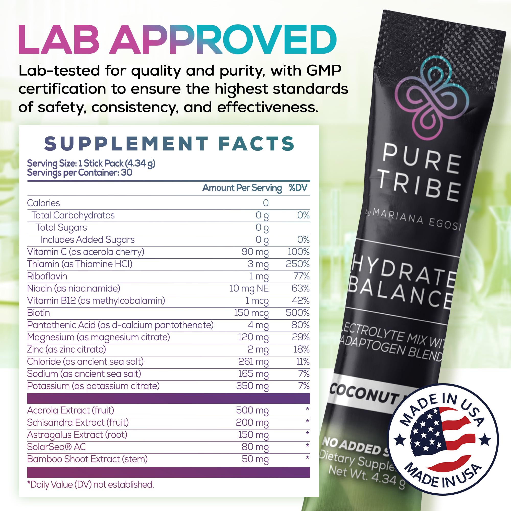 PURE TRIBE Hydrate + Balance ingredients label highlights vegan minerals and B vitamins
