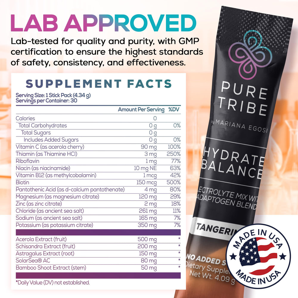Pure Tribe Hydrate Balance packaging front showing single-serve electrolyte sticks.