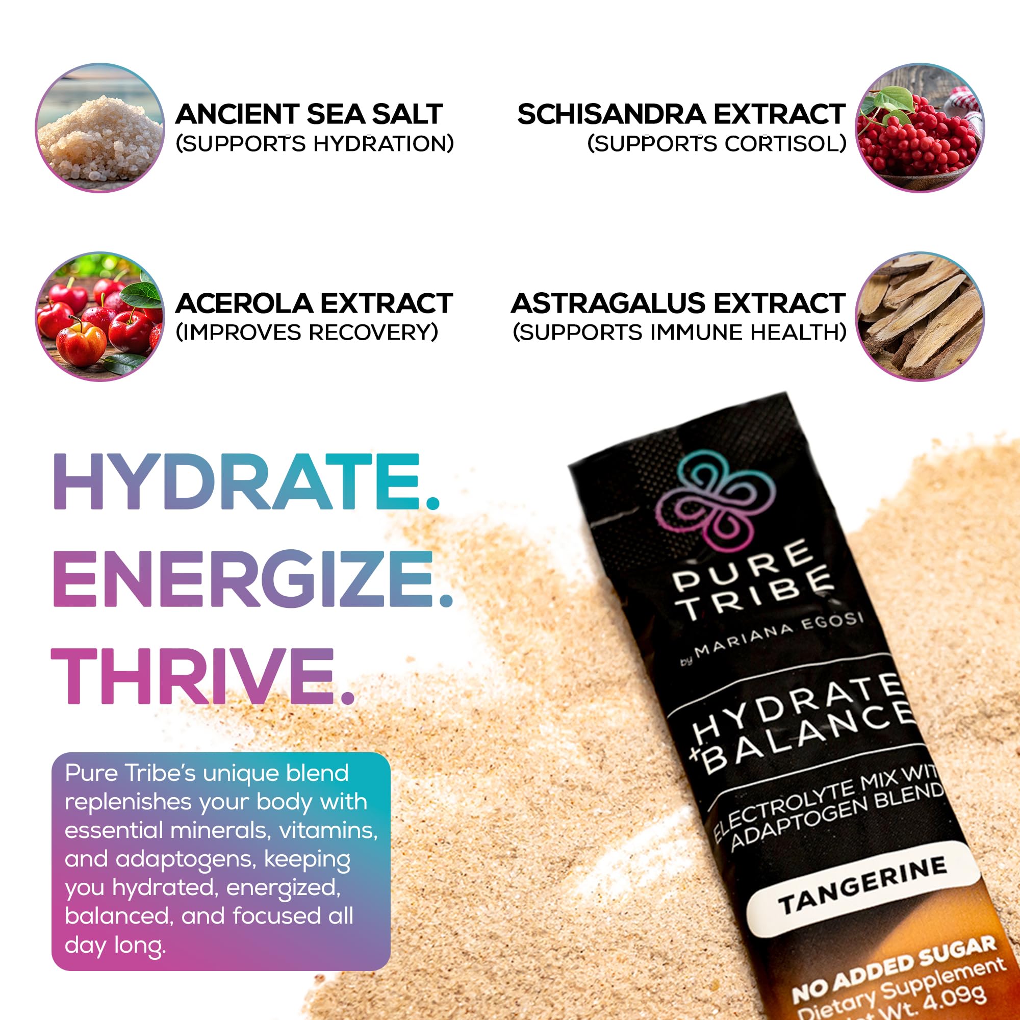 Pure Tribe Hydrate Balance packet opened with powder ready to mix.