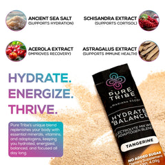 Pure Tribe Hydrate Balance packet opened with powder ready to mix.