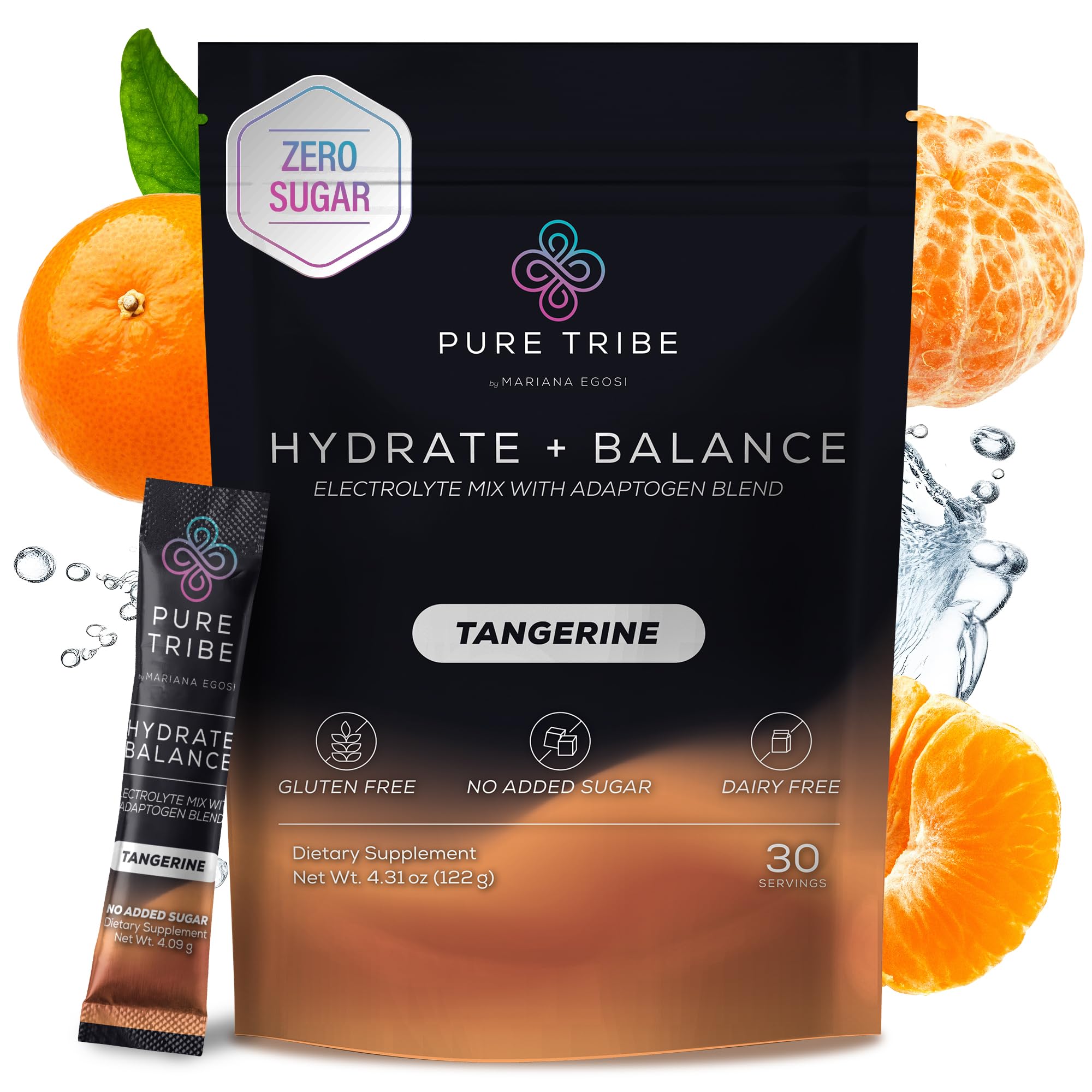 Pure Tribe Hydrate Balance stick dissolving in water for refreshing tangerine hydration.