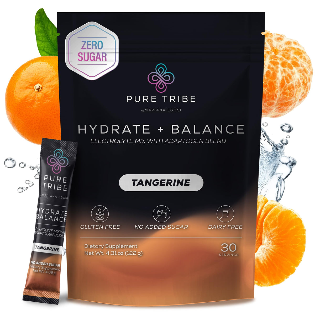 Pure Tribe Hydrate Balance stick dissolving in water for refreshing tangerine hydration.