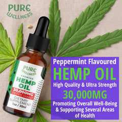 Pure Wellness peppermint-flavored hemp oil bottle with mint leaves