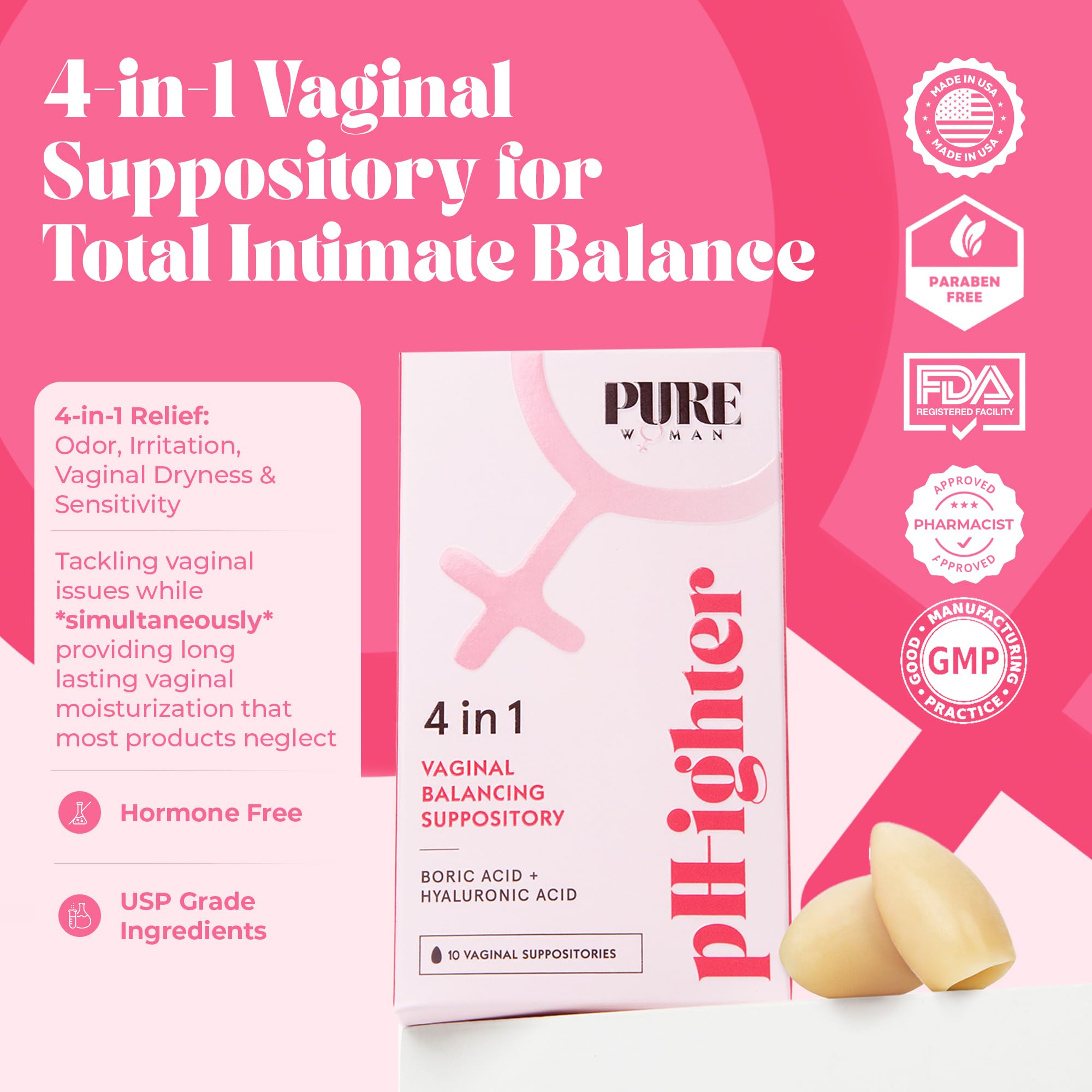 PURE WOMAN boric acid suppositories offering odor relief and gentle comfort.