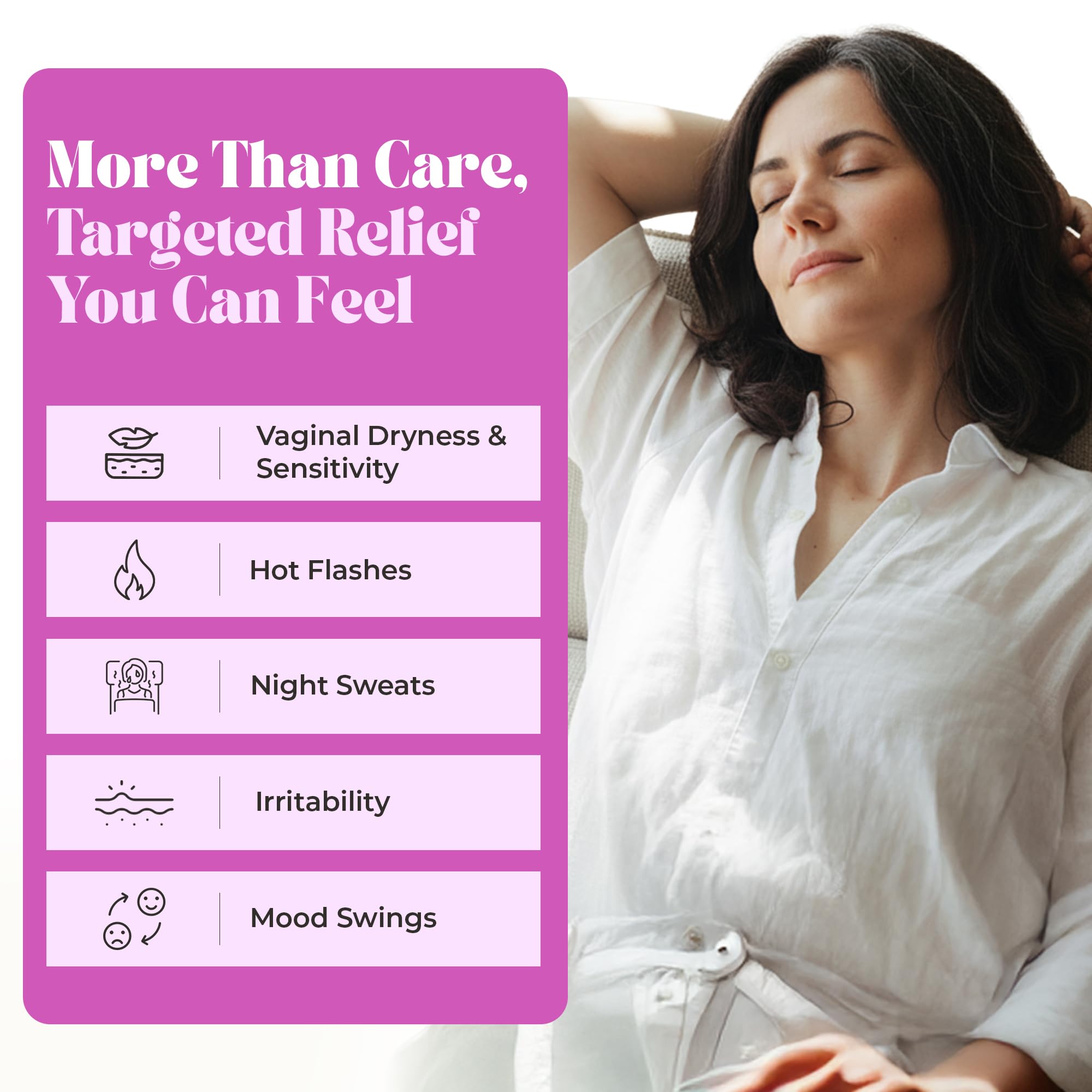 Pure Woman Pause-Me-Not ingredients card highlights hyaluronic acid and vitamin E.