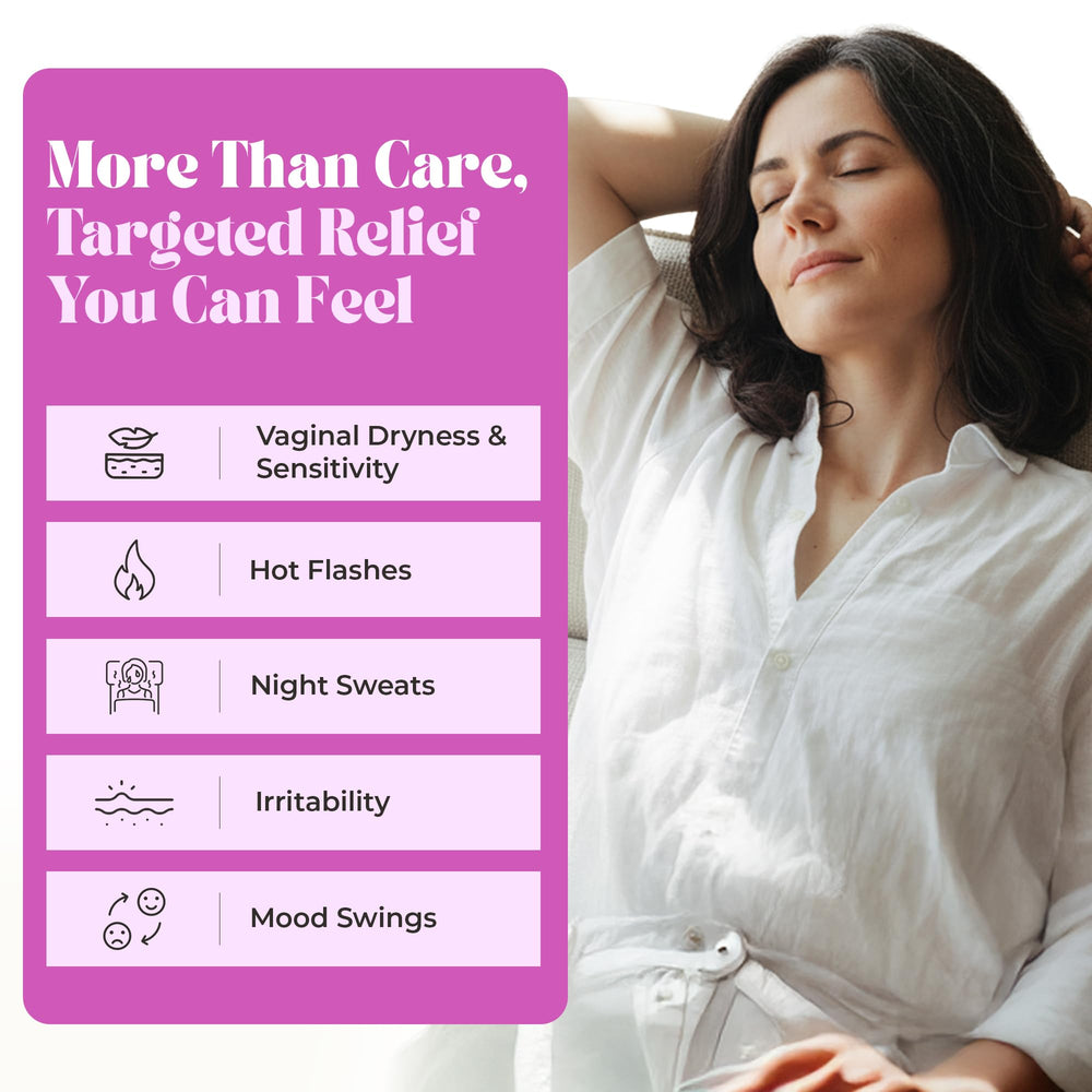 Pure Woman Pause-Me-Not ingredients card highlights hyaluronic acid and vitamin E.