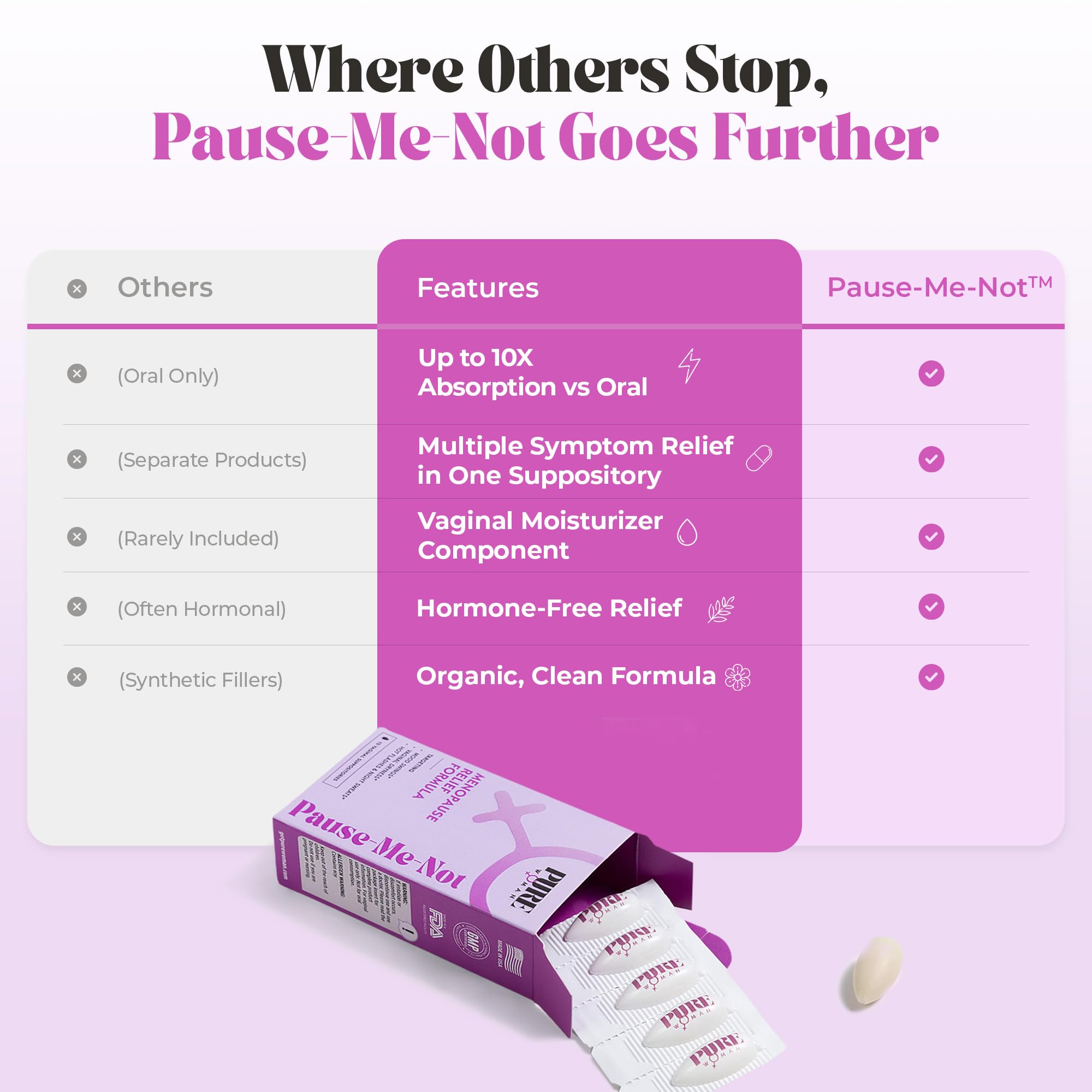 Pure Woman Pause-Me-Not organic herbal blend emphasizes hormone-free relief.