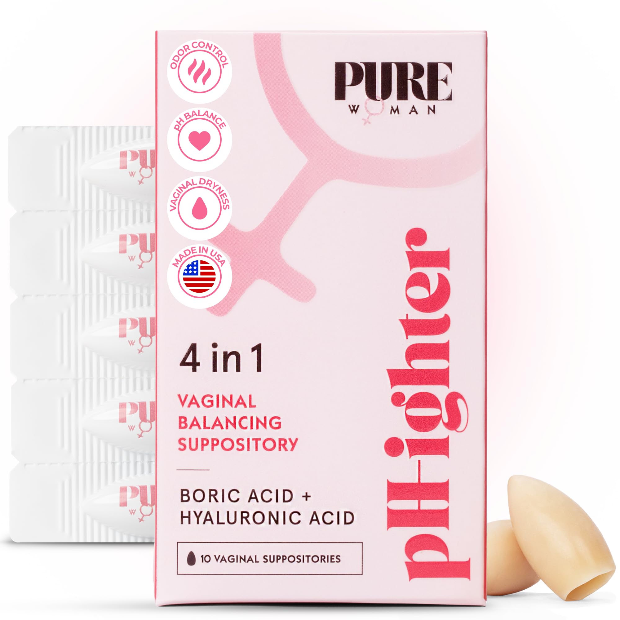 PURE WOMAN pH-ighter boric acid suppositories in bottle for pH balance.