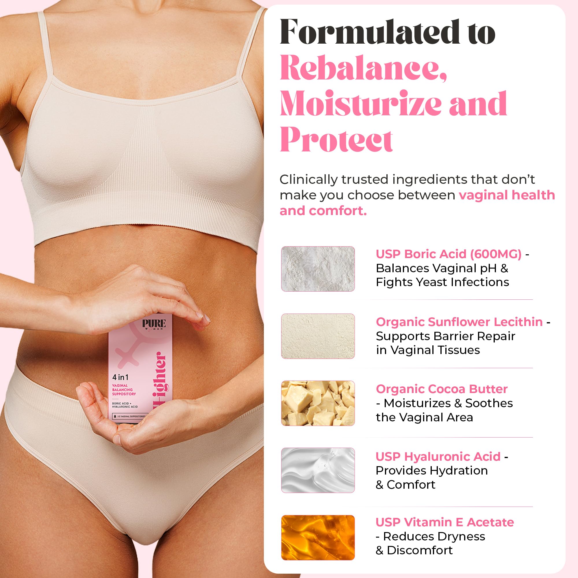PURE WOMAN USA-made boric acid suppositories with USP-grade ingredients.