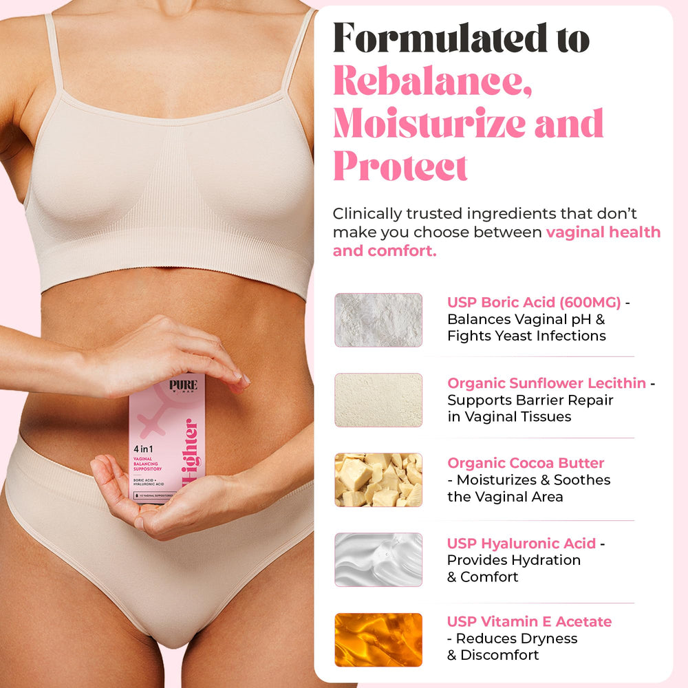 PURE WOMAN USA-made boric acid suppositories with USP-grade ingredients.