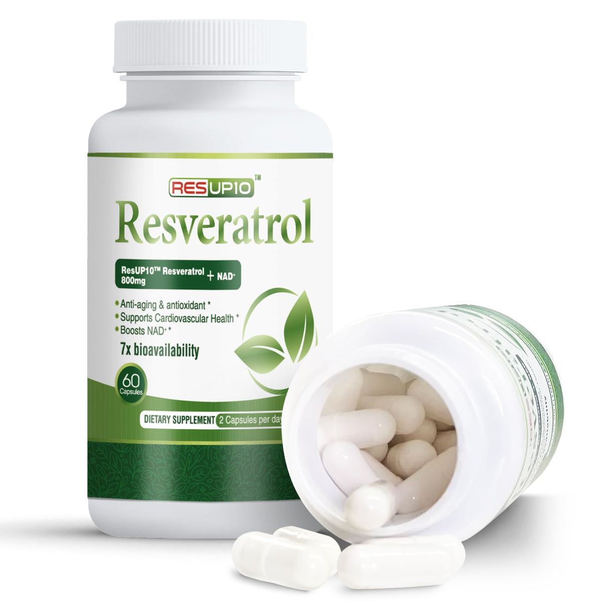 PureBotan liposomal NAD+ Resveratrol bottle highlights easy-to-swallow capsules for daily wellness