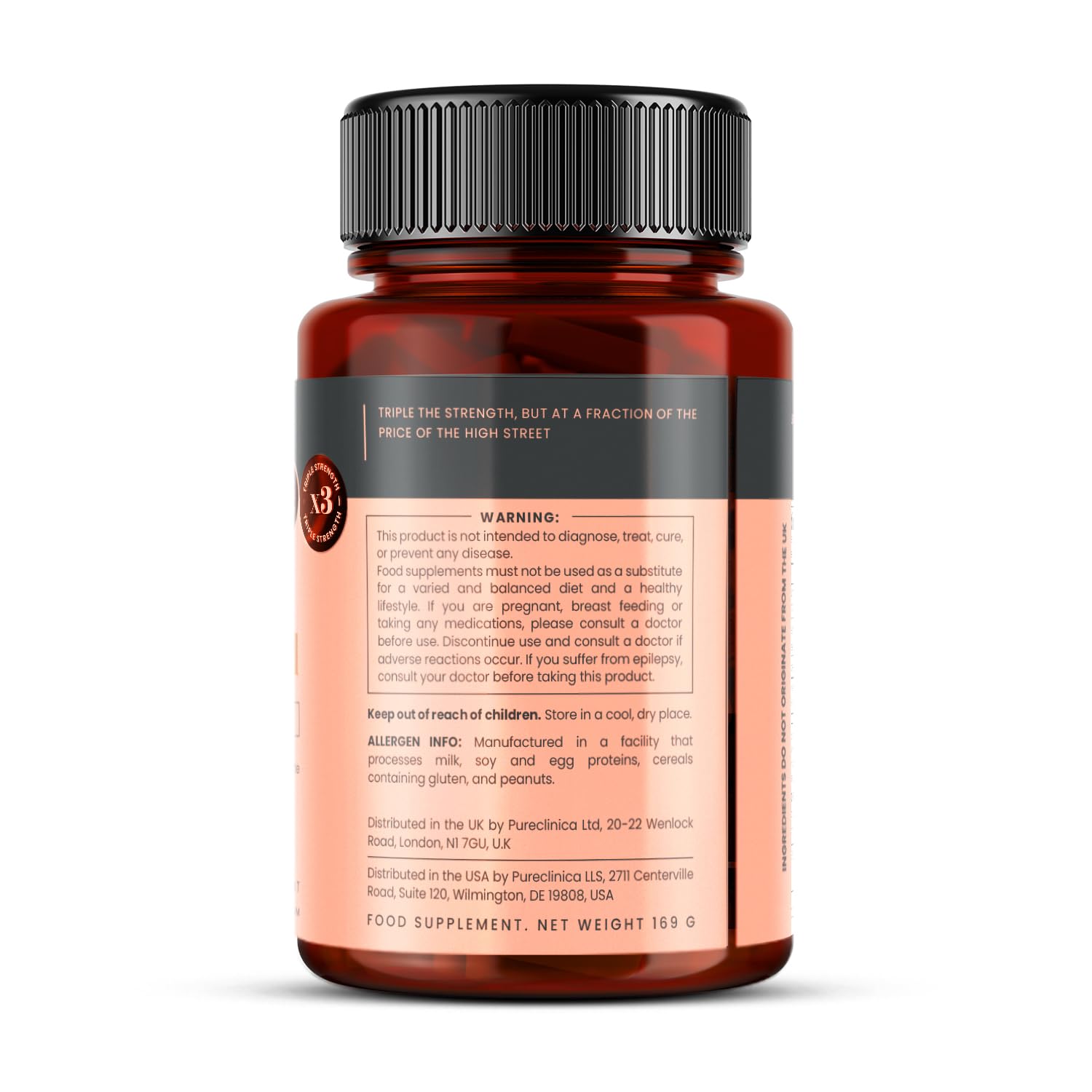 PureClinica 180-tablets-per-bottle close-up packaging label emphasizing value