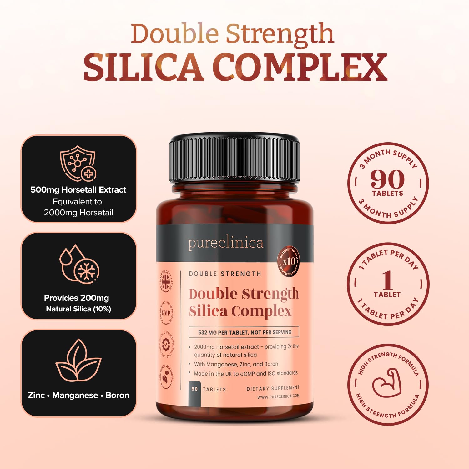 PureClinica Horsetail Extract 500mg in each tablet boosts natural silica content.