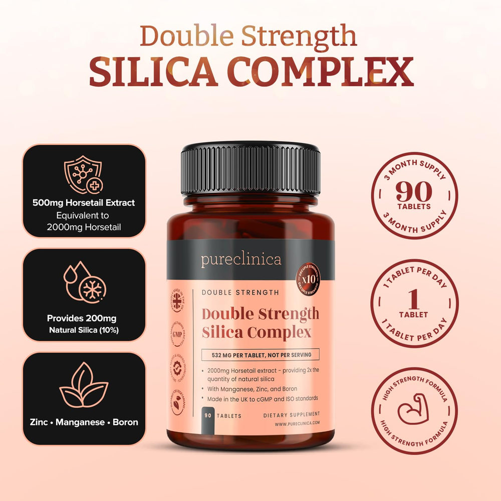 PureClinica Horsetail Extract 500mg in each tablet boosts natural silica content.