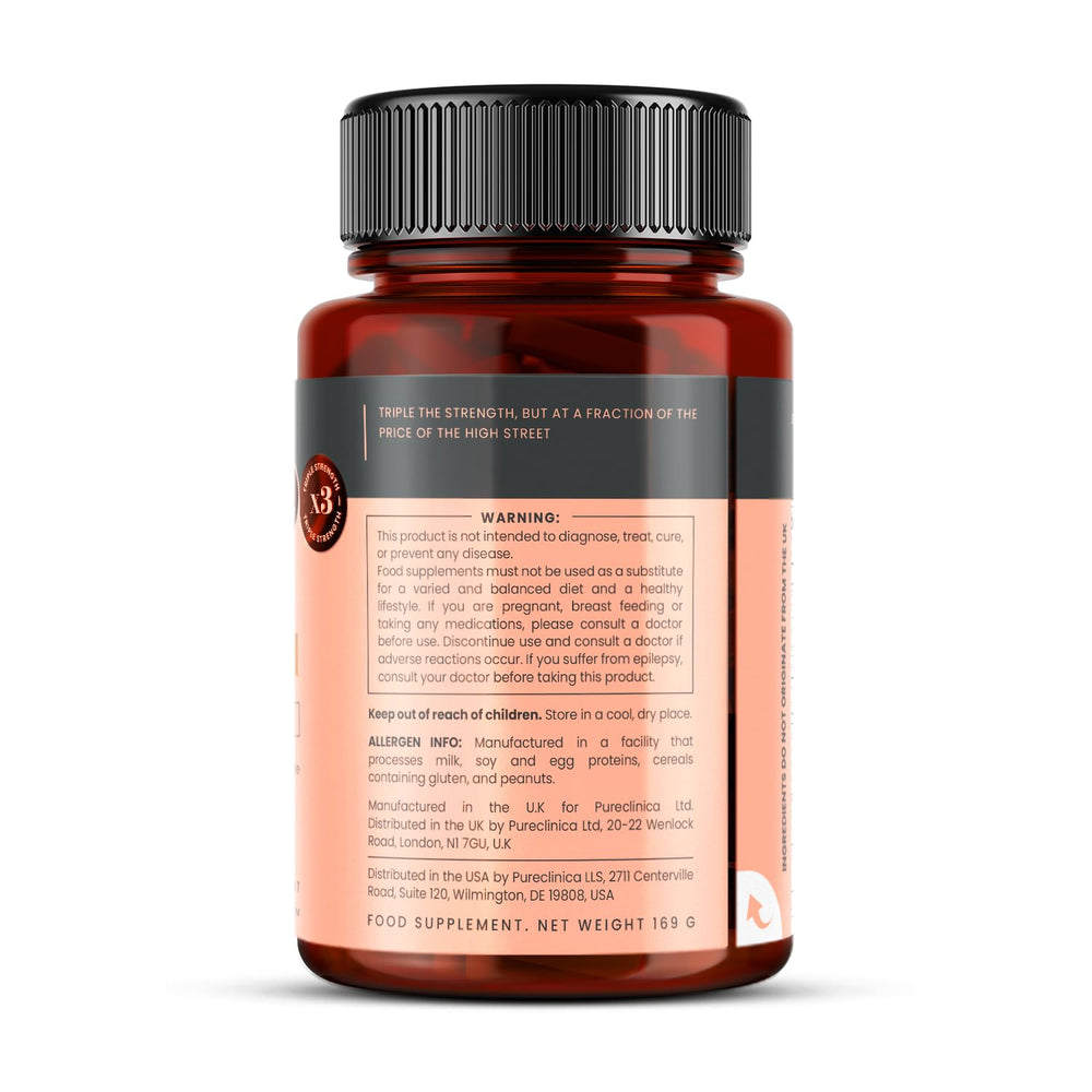 PureClinica hyaluronic acid bottle back label indicating vegan fermentation origin.