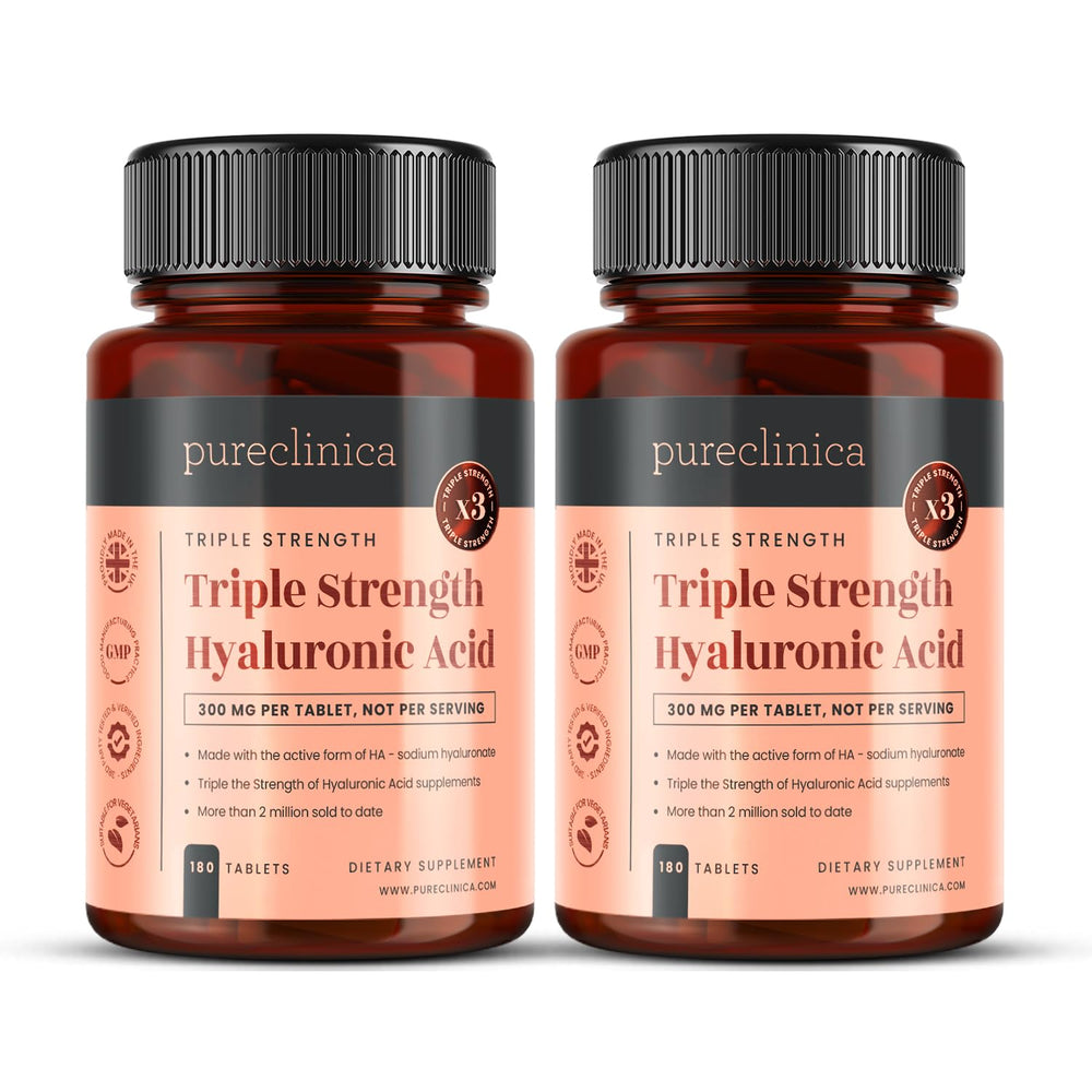 PureClinica hyaluronic acid bottle front showing 12-month supply and triple strength formula.