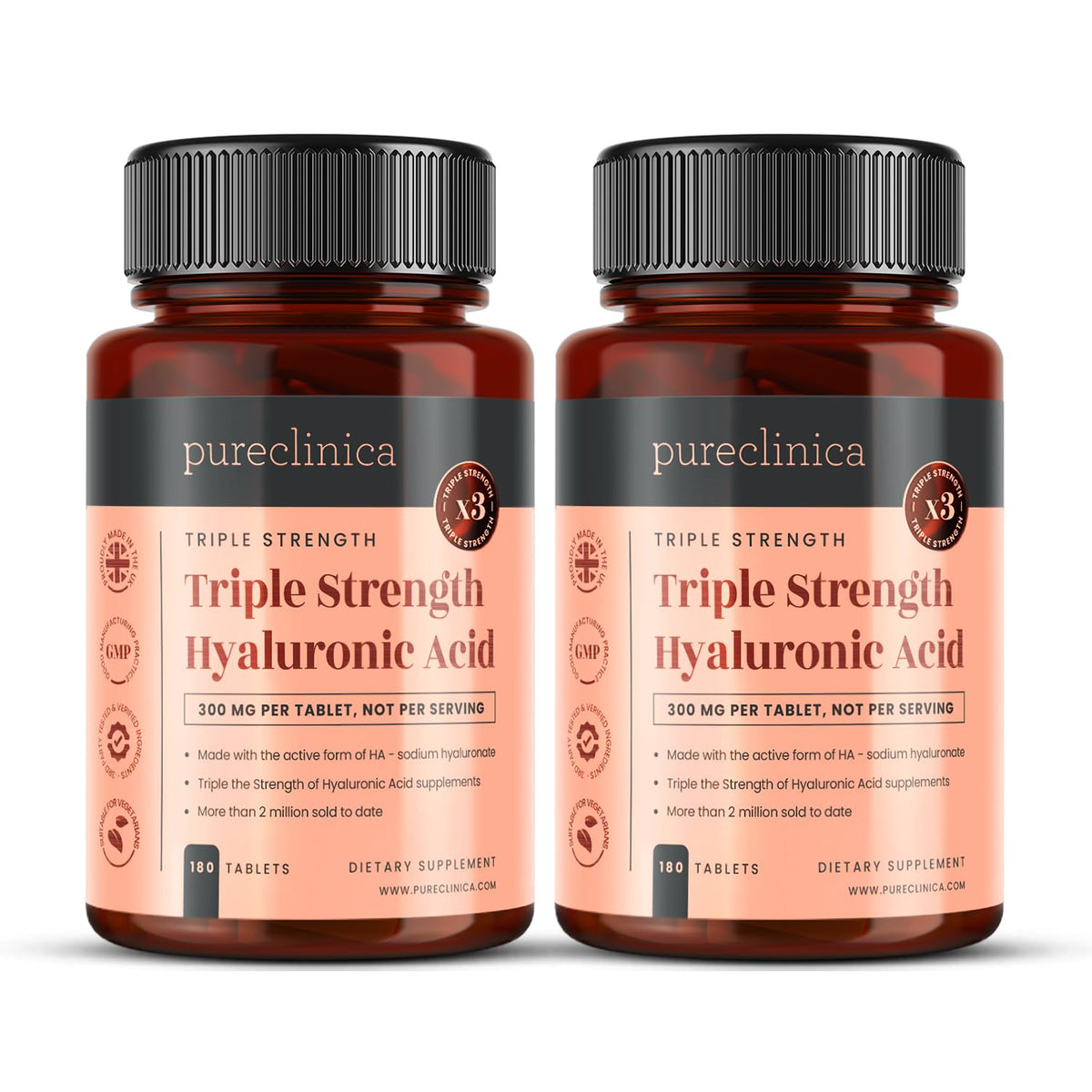 PureClinica hyaluronic acid bottle front showing 12-month supply and triple strength formula.