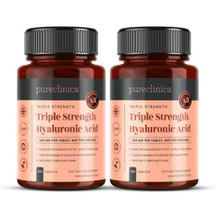 PureClinica hyaluronic acid bottle front showing 12-month supply and triple strength formula.