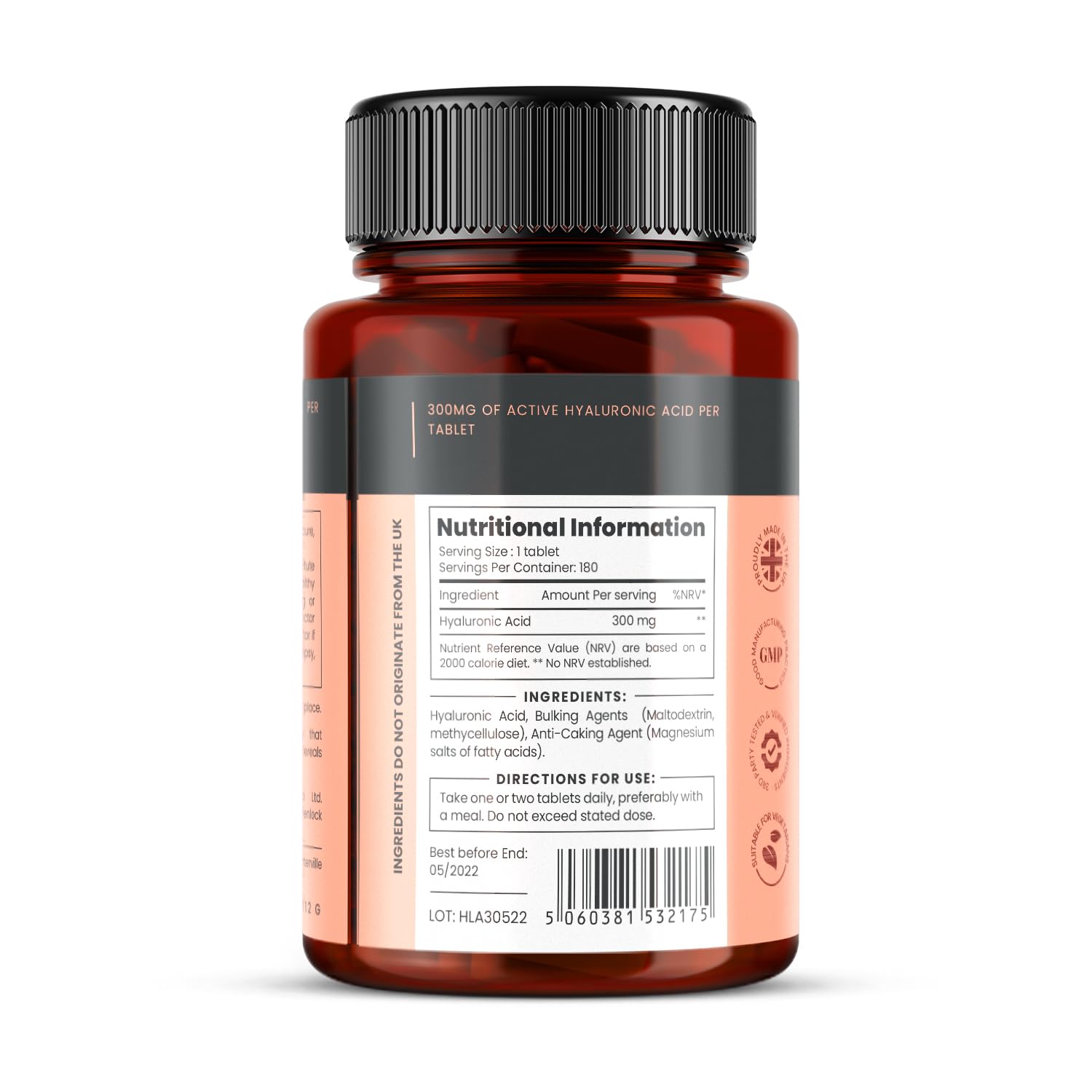 PureClinica hyaluronic acid tablet closeup highlighting 300 mg per tablet.