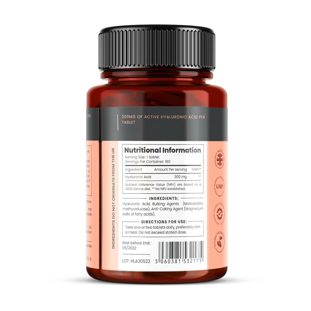 PureClinica hyaluronic acid tablet closeup highlighting 300 mg per tablet.