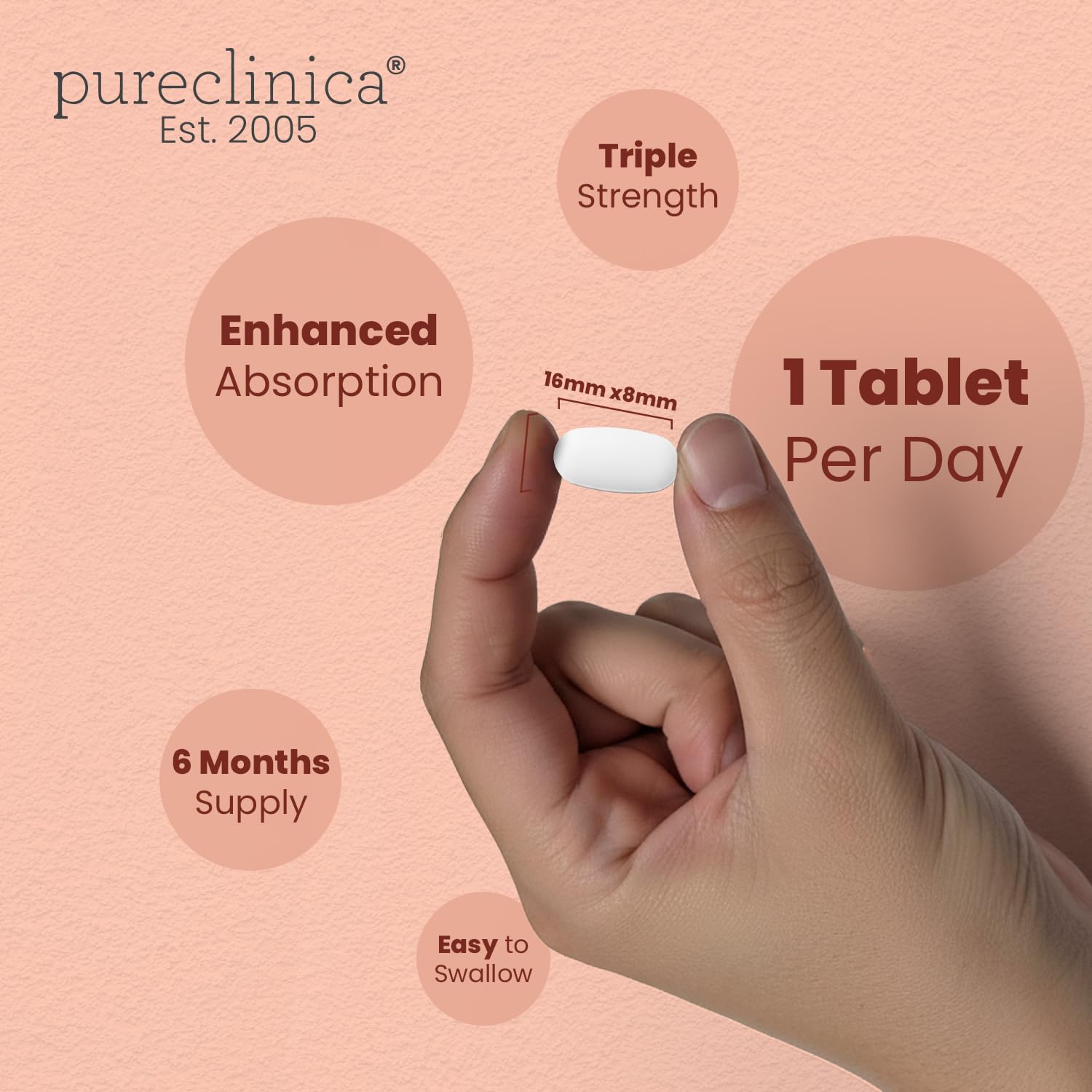 PureClinica hyaluronic acid tablet in hand demonstrating portable wellness option