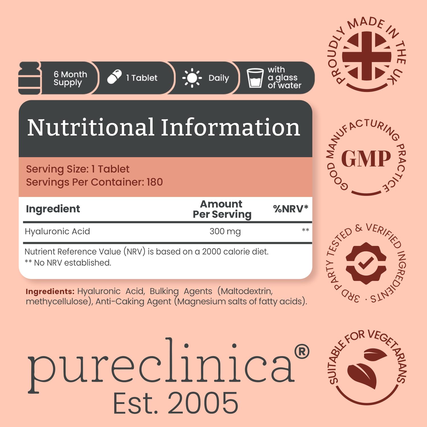 PureClinica hyaluronic acid 300mg pill close-up illustrating potent hydration support
