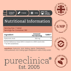 PureClinica hyaluronic acid 300mg pill close-up illustrating potent hydration support