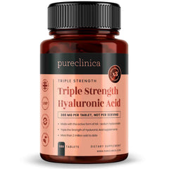 PureClinica triple-strength hyaluronic acid bottle front view supports daily joint and skin hydration