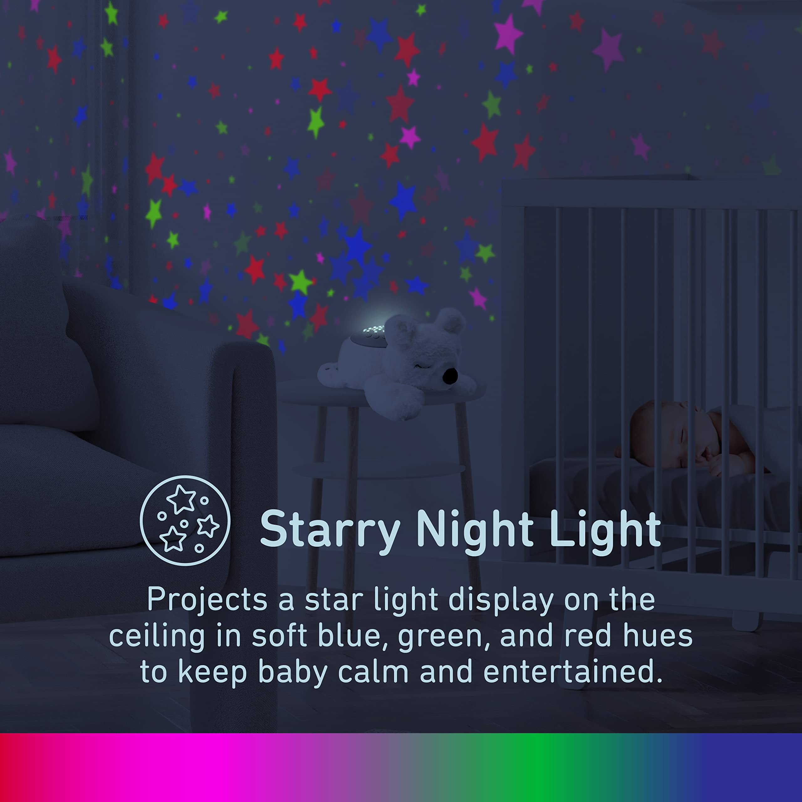 PureEnrichment PureBaby white noise, heartbeat, and birds sounds for calmer settling.