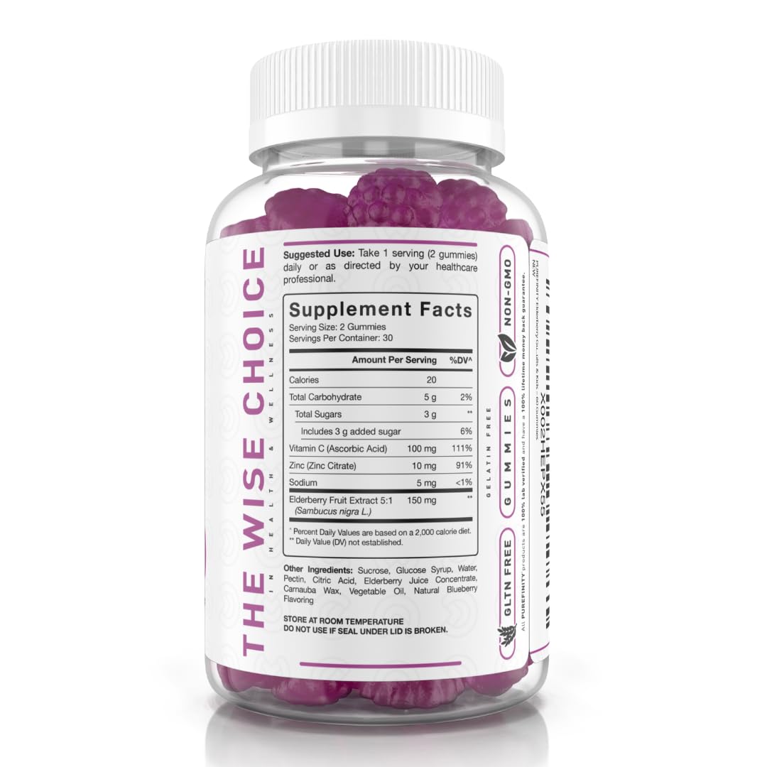PUREFINITY Elderberry Gummies nutrition label highlighting elderberry, Vitamin C, and Zinc.