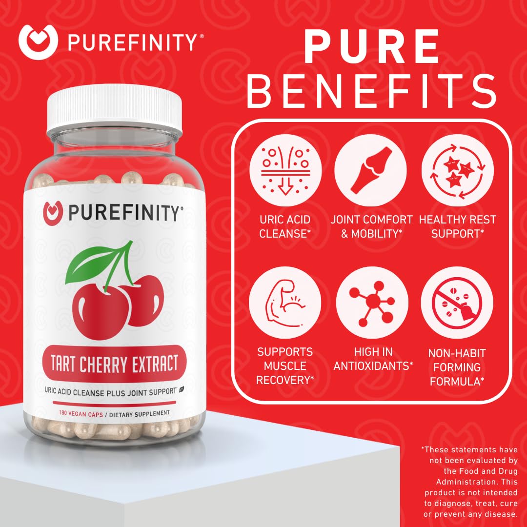 PUREFINITY raw tart cherry extract visual emphasizes potent polyphenols and natural antioxidants.