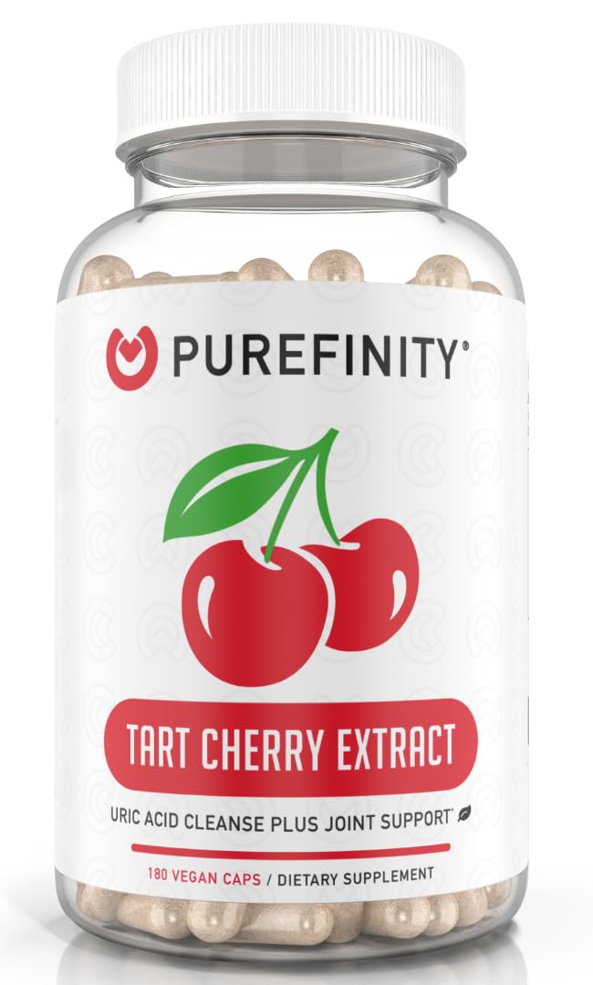 PUREFINITY Tart Cherry Capsules bottle suggests daily uric acid support and joint comfort potential.