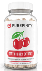 PUREFINITY Tart Cherry Capsules bottle suggests daily uric acid support and joint comfort potential.