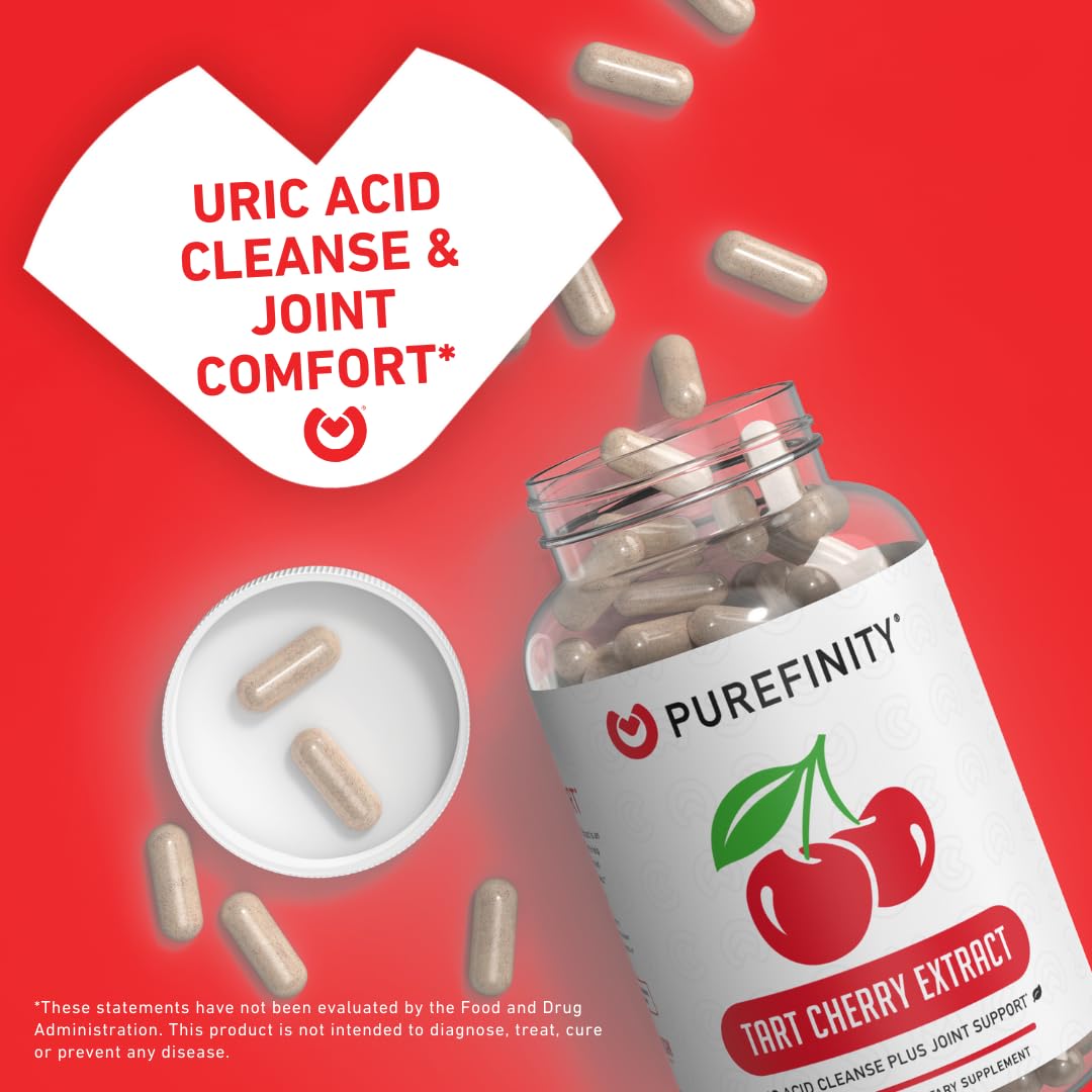PUREFINITY Tart Cherry Capsules label closeup highlights vegan, gluten-free formulation for daily use.