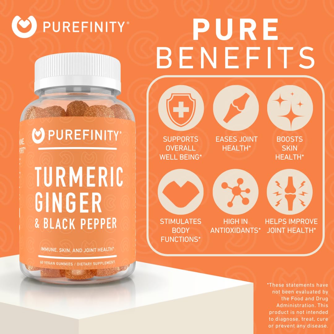 PUREFINITY Turmeric Ginger Gummies ingredients label highlighting turmeric and black pepper