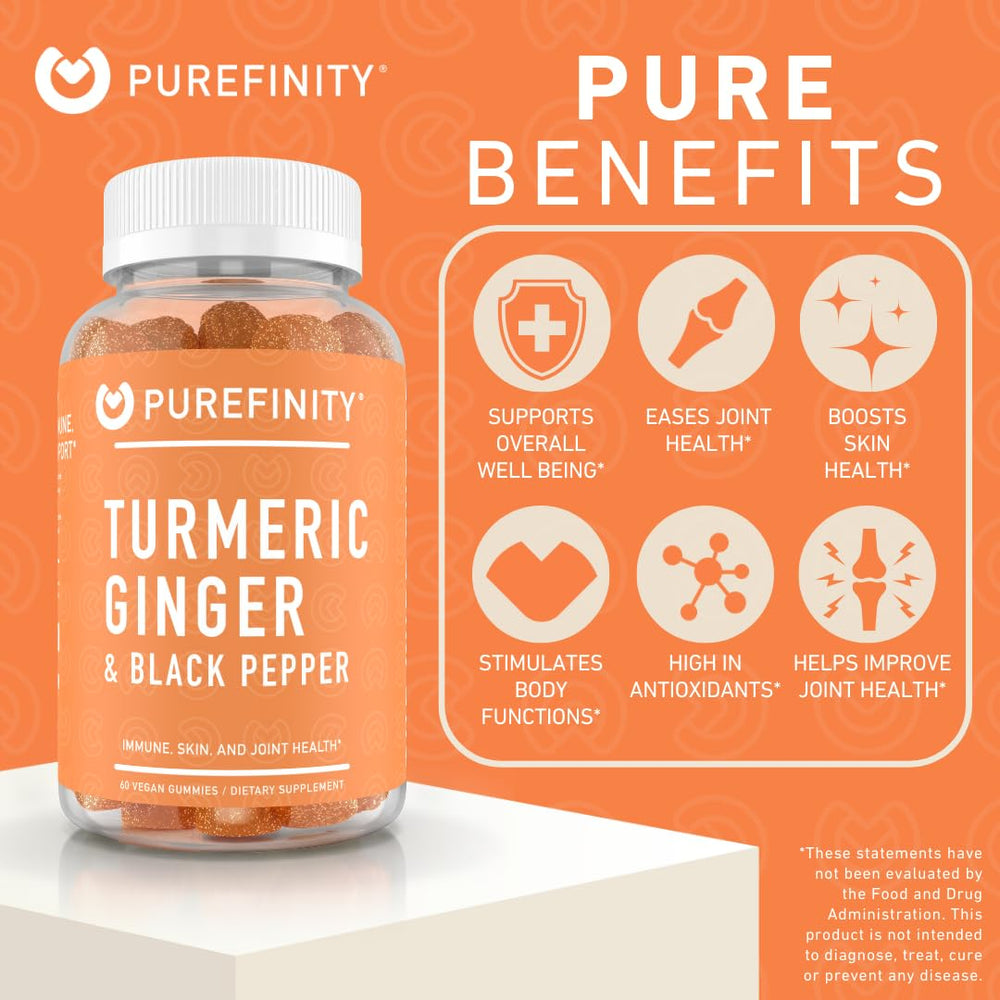 PUREFINITY Turmeric Ginger Gummies ingredients label highlighting turmeric and black pepper
