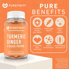 PUREFINITY Turmeric Ginger Gummies ingredients label highlighting turmeric and black pepper