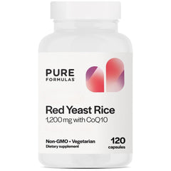 PureFormulas red yeast rice bottle showing 1200 mg per serving for daily wellness.