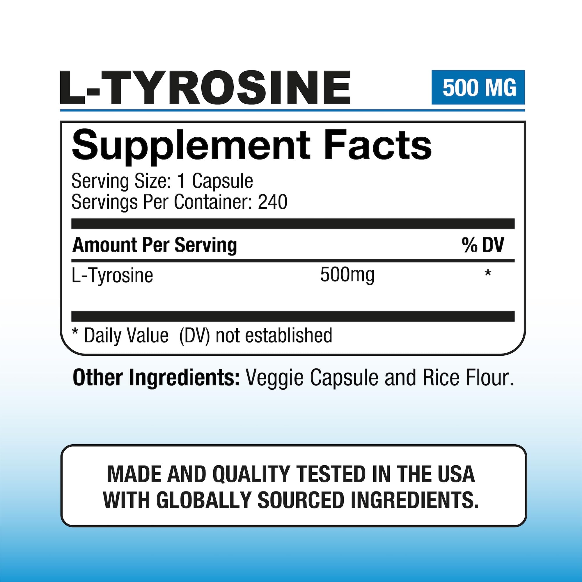 Puregen Labs L-Tyrosine 500 mg capsules close-up highlighting potency and vegan-friendly formula.