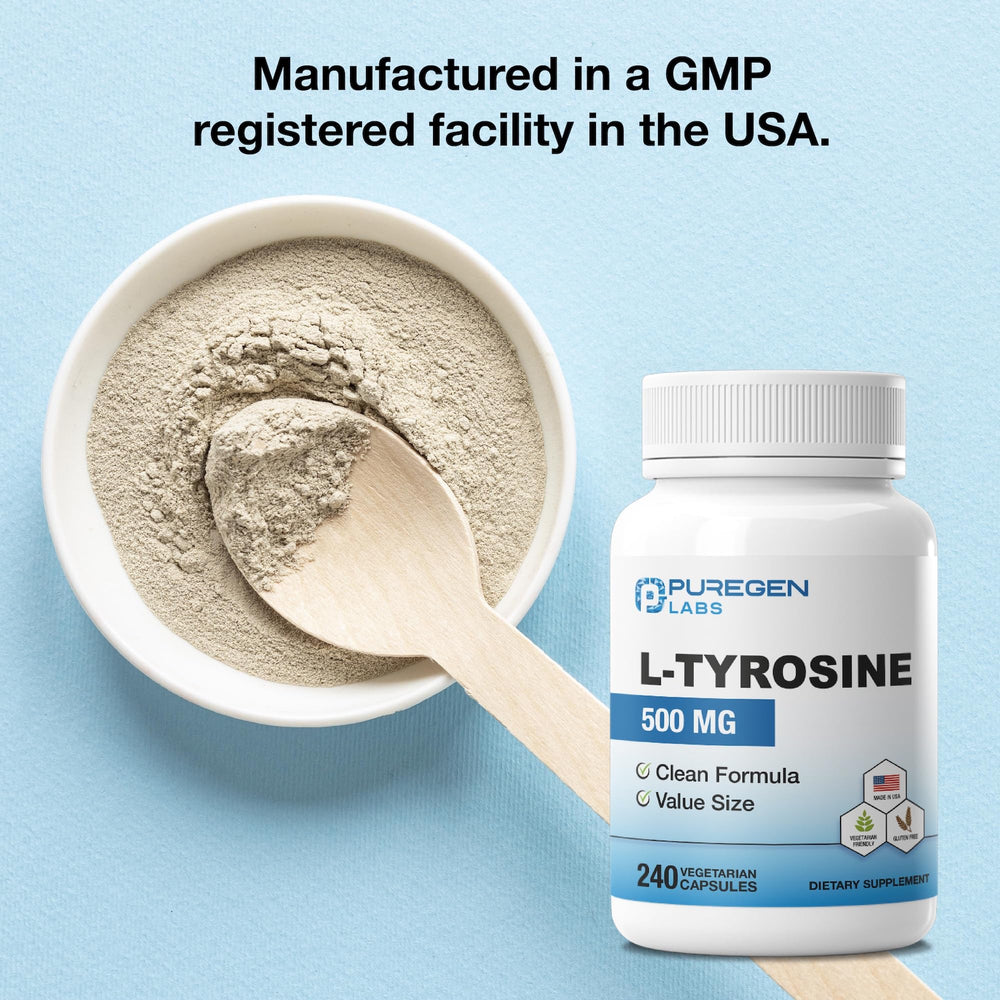 Gluten-free and non-GMO claims on Puregen L-Tyrosine packaging.