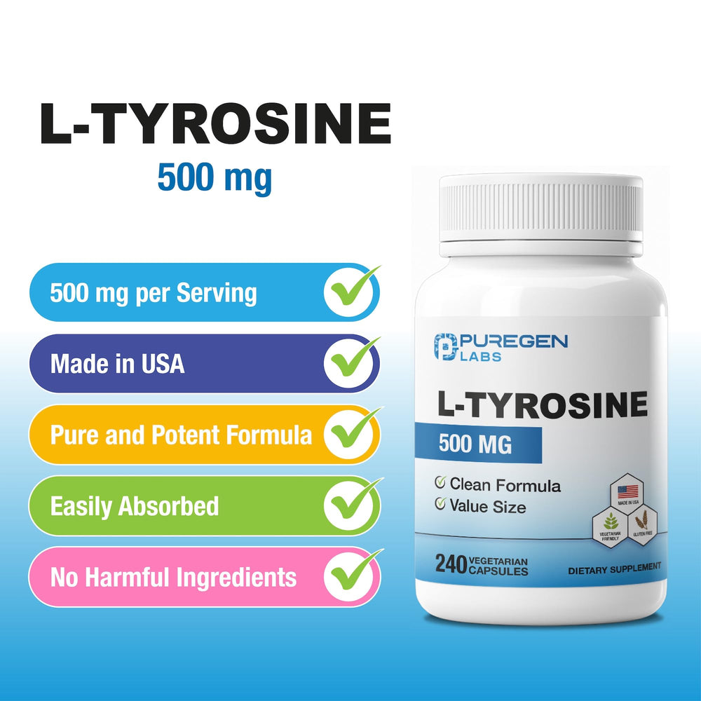 Label detail of Puregen Labs L-Tyrosine 500 mg showing clean formula and ingredients.