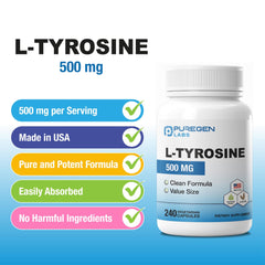Label detail of Puregen Labs L-Tyrosine 500 mg showing clean formula and ingredients.