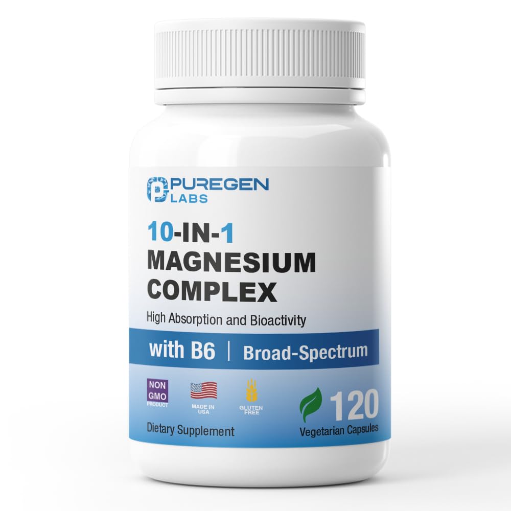 Puregen Labs 10-in-1 magnesium bottle on counter highlights daily mineral support.