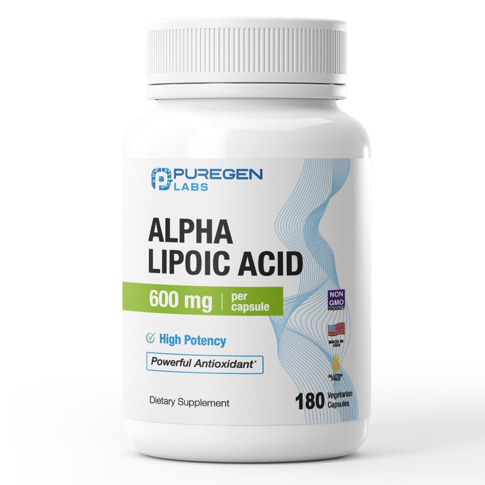 Puregen Labs Alpha Lipoic Acid 600mg bottle demonstrates potency for daily antioxidant support.