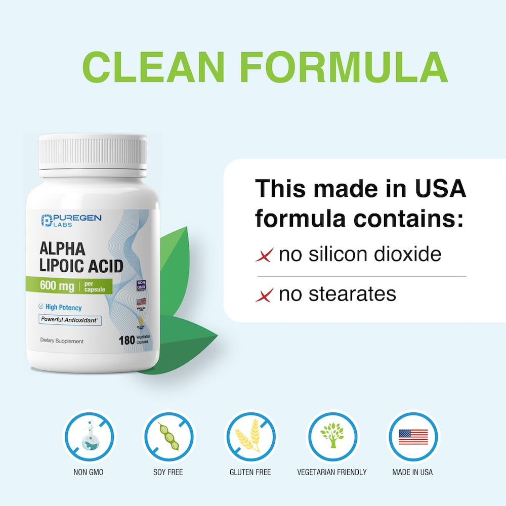 Puregen Labs Alpha Lipoic Acid label detail emphasizes non-GMO and USA-made quality.