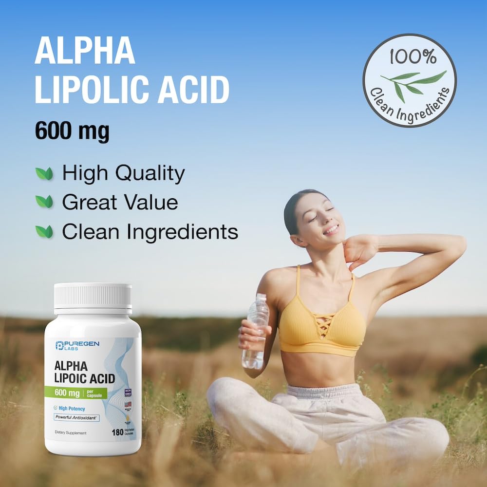 Puregen Labs Alpha Lipoic Acid made in USA seal underscores trusted manufacturing.
