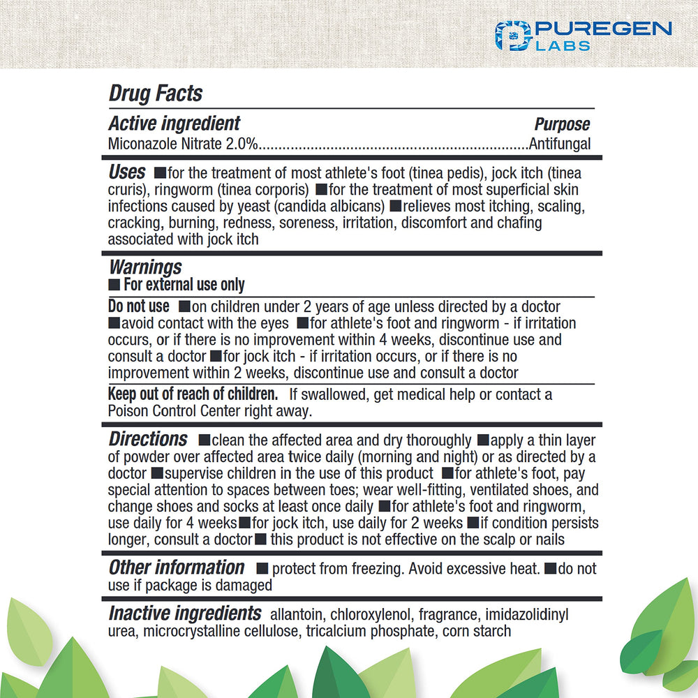 Puregen Labs antifungal powder bottle displayed for convenient at-home use