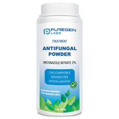 Puregen Labs antifungal powder packaging highlighting talc-free formula for sensitive skin