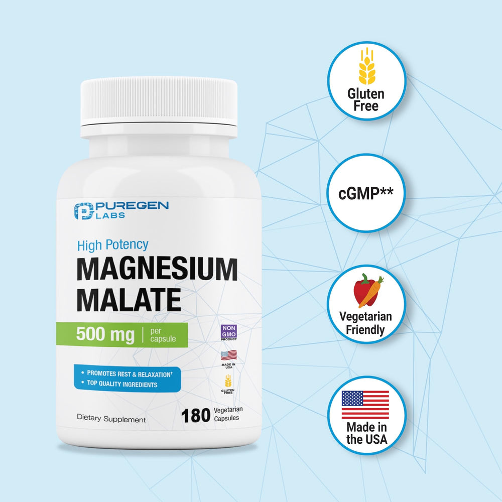 Puregen Labs Magnesium Malate bottle on kitchen counter for daily use.